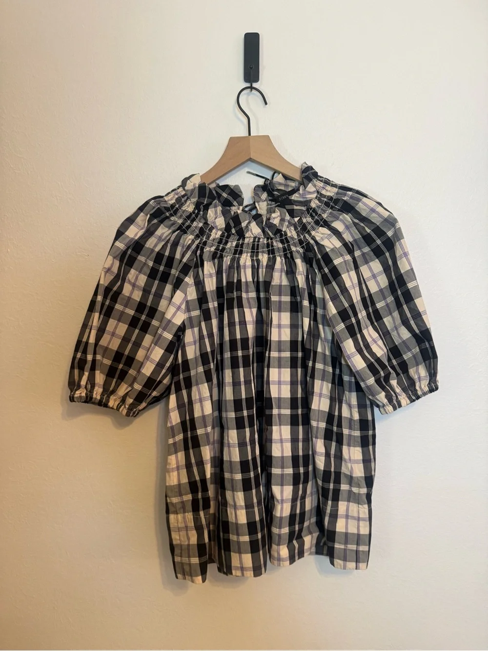 J. Crew Smocked-neck puff-sleeve‎ top in Friday plaid
